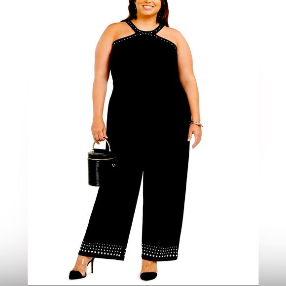 INC Womens Plus Studded Halter Jumpsuit - Deep Black - 2X - Picture 1 of 15